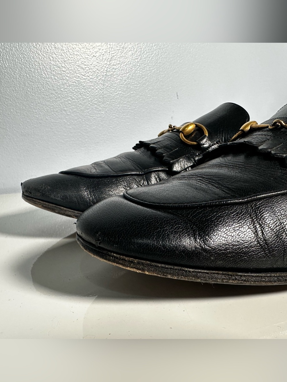 GUCCI Horsebit Collapsible Fringe Loafers shoes Black Leather Men’s 11 - Picture 3 of 10